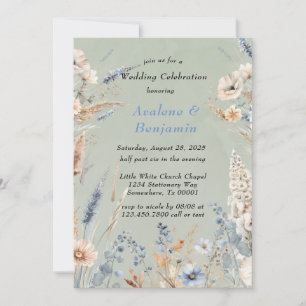 Sage Green & Dusty Blue Wildflowers Wedding Invitation