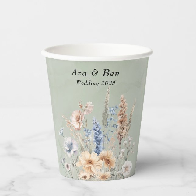 Sage Green Dusty Blue Wildflowers Wedding Paper Cups (Front)