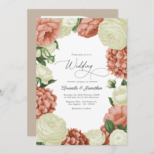 Sage Green, Dusty Peach & Ivory Floral Wedding Invitation (Front/Back)