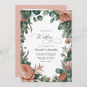 Sage Green & Dusty Peach Watercolor Floral Wedding Invitation