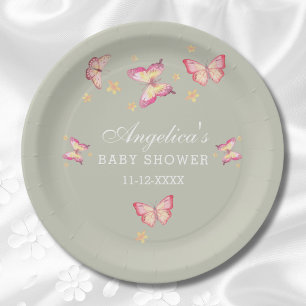 Sage Green Dusty Pink Peach Butterfly Baby Shower Paper Plate