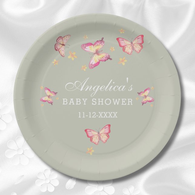 Sage Green Dusty Pink Peach Butterfly Baby Shower Paper Plate (Creator Uploaded)