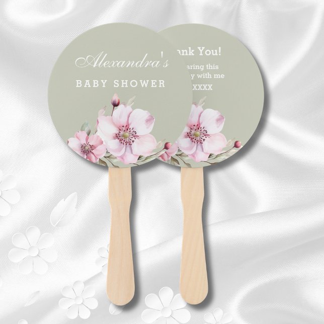 Sage Green Dusty Pink Roses Baby Shower Hand Fan (Creator Uploaded)
