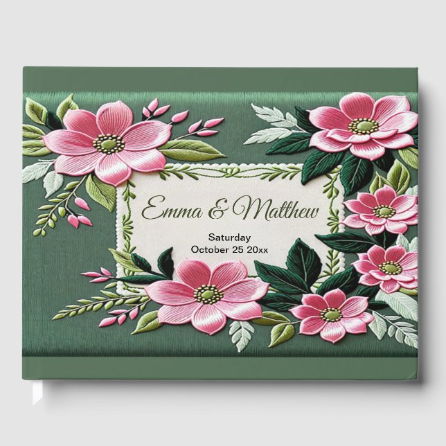 sage green & dusty rose Embroidered Flower Wedding Guest Book (Front)