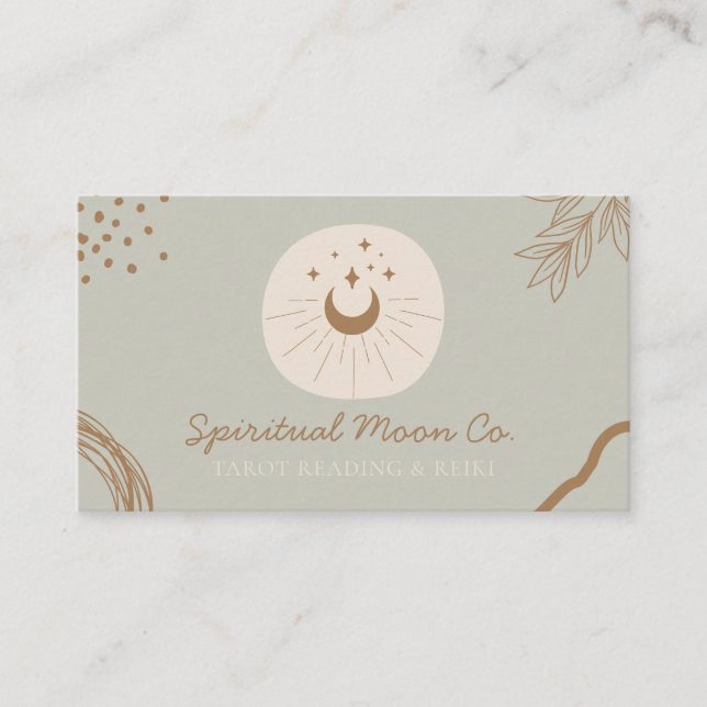 Sage green Earth Tone Moon Stars Spiritual Business Card (Front)