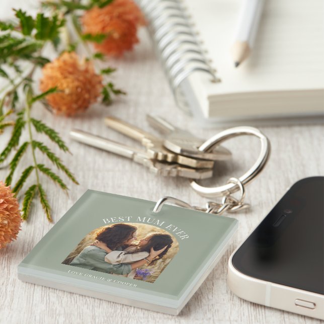 Sage green elegant arch photo typography best mum key ring (Front Right)