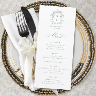 Sage Green Elegant Baroque Crest Monogram Wedding Menu