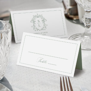 Sage Green Elegant Baroque Crest Monogram Wedding Place Card