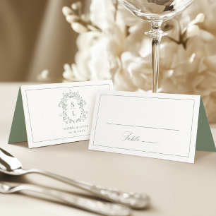 Sage Green Elegant Baroque Crest Monogram Wedding Place Card