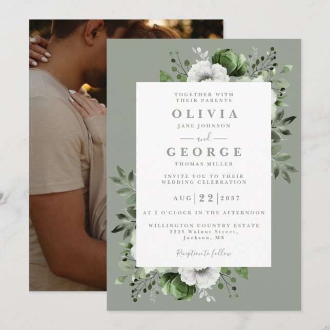 Sage Green Elegant Botanical Floral Photo Wedding Invitation (Front/Back)