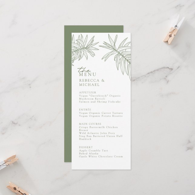 Sage Green Elegant Botanical Wedding Menu (Front/Back In Situ)