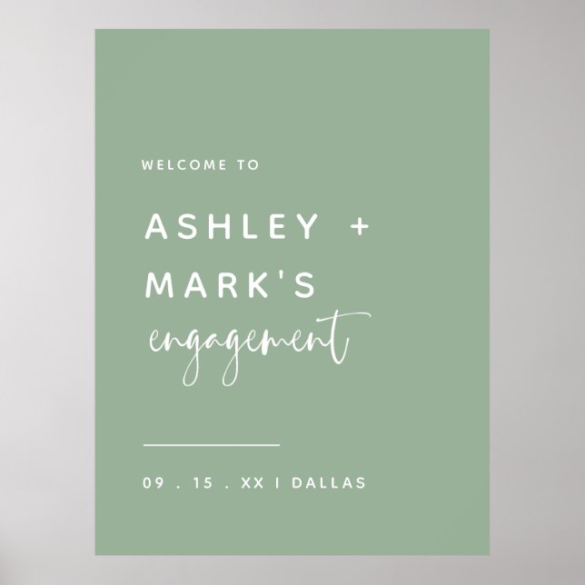 Sage Green Elegant Calligraphy Engagement Welcome  Poster (Front)