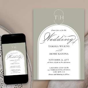 Sage Green Elegant Calligraphy Monogrammed Wedding Invitation