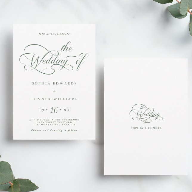 Sage Green Elegant Charm Script Wedding Invitation (Front & Back)