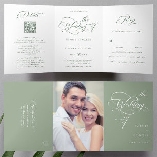 Sage Green Elegant Charm Script Wedding Tri-Fold Invitation