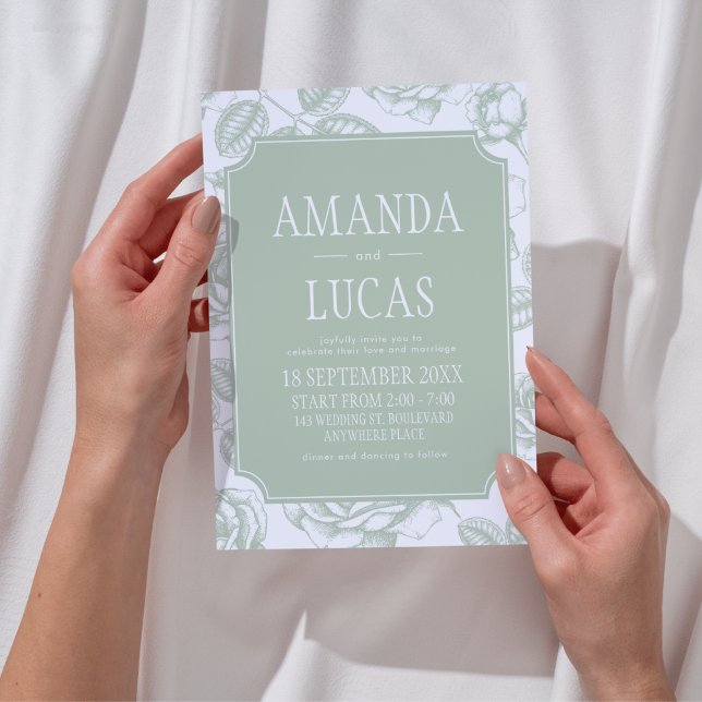 Sage Green Elegant Chinoiserie Wedding Invitation (Sage Green Vintage Elegant Wedding Invitation)