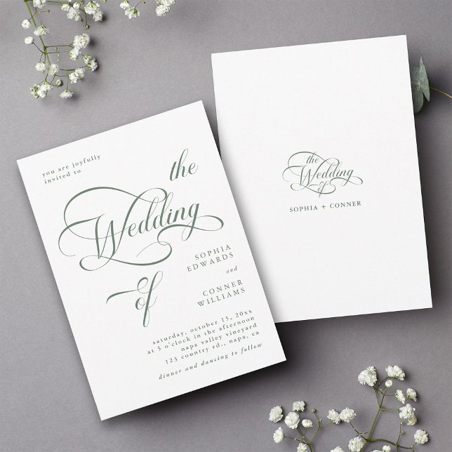 Sage Green Elegant Classy Calligraphy Wedding Invitation (Front & Back)