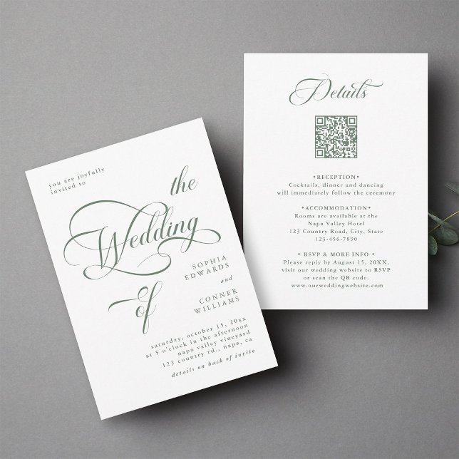 Sage Green Elegant Classy Wedding All in One  Invitation (Front & Back)