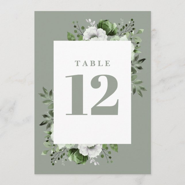 Sage Green Elegant Country Floral Table Number (Front)