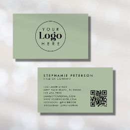 Sage Green Elegant Custom Company Logo QR Code Business Card