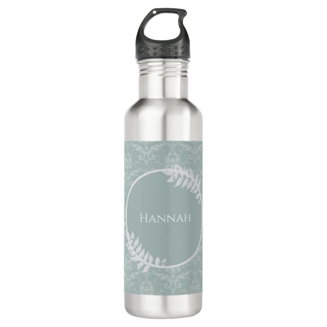 Sage Green Elegant Damask Personalised 710 Ml Water Bottle (Front)