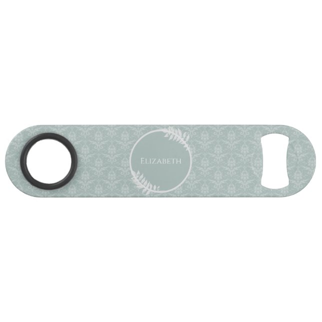 Sage Green Elegant Damask Personalised Bar Key (Front (Horizontal))