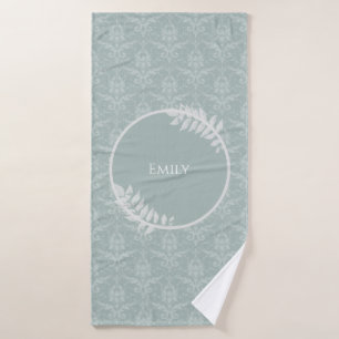 Sage Green Elegant Damask Personalised Bath Towel Set