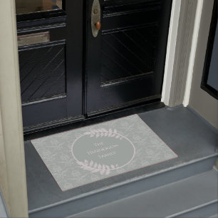 Sage Green Elegant Damask Personalised Doormat