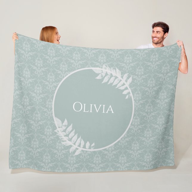 Sage Green Elegant Damask Personalised Fleece Blanket (In Situ)