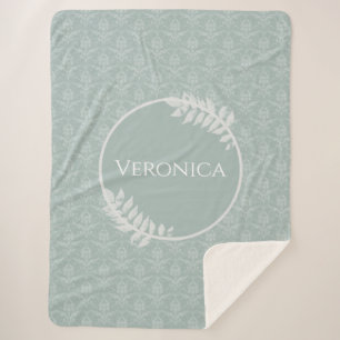 Sage Green Elegant Damask Personalised Sherpa Blanket