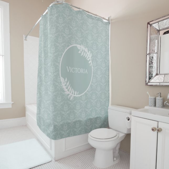 Sage Green Elegant Damask Personalised Shower Curtain (In Situ)
