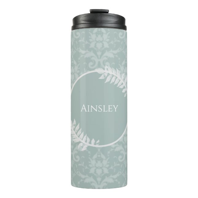 Sage Green Elegant Damask Personalised Thermal Tumbler (Front)