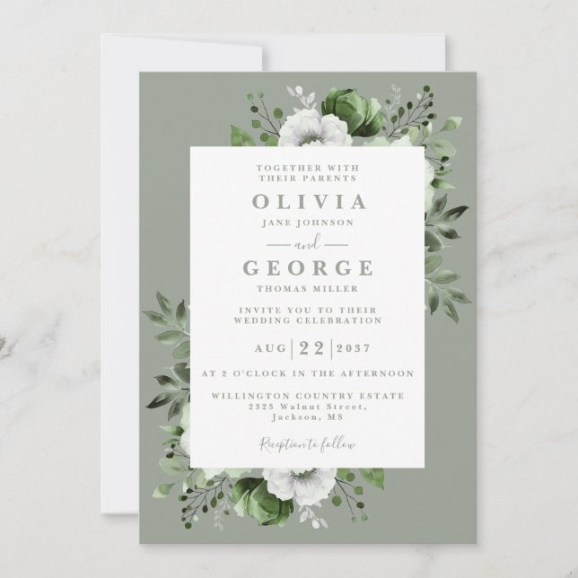 Sage Green Elegant Floral All In One Wedding Invitation (Front)