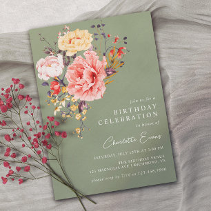 Sage Green Elegant Floral Any Age Adult Birthday Invitation