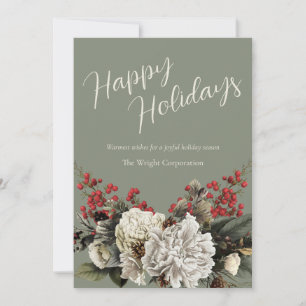 Sage Green Elegant Floral Company Name Happy Holiday Card