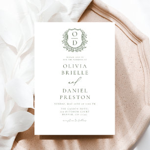 Sage Green Elegant Floral Crest Monogram Wedding  Invitation