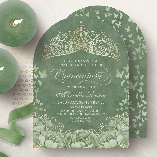 Sage Green Elegant Floral Crown Quinceanera Invitation (Creator Uploaded)