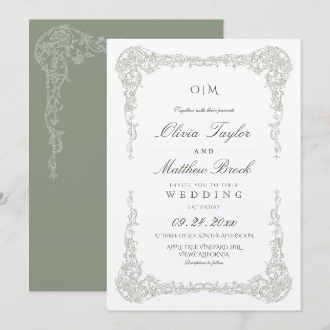 Sage Green Elegant Floral Frame Wedding Invitation (Front/Back)
