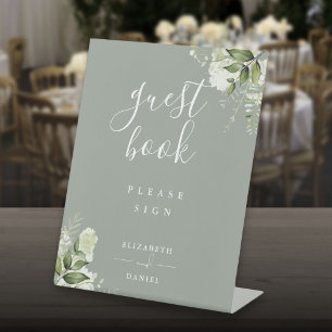Sage Green Elegant Floral Greenery Guest Book Pedestal Sign