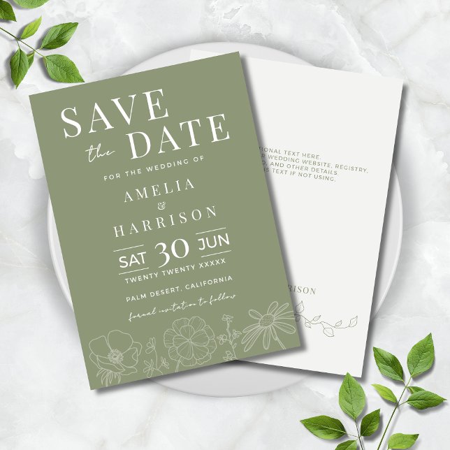 Sage Green Elegant Floral Line Art Wedding Save The Date (Sage Green Elegant Floral Line Art Wedding Save the Date Invitation with Optional Text on Back.)