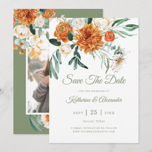 Sage Green Elegant Floral Orange Photo Wedding Save The Date