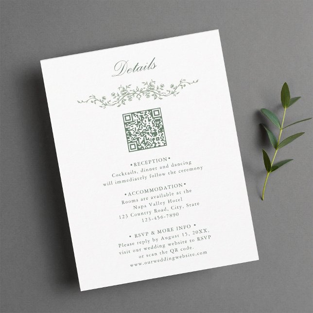 Sage Green Elegant Floral QR Code Wedding Details Enclosure Card (Creator Uploaded)