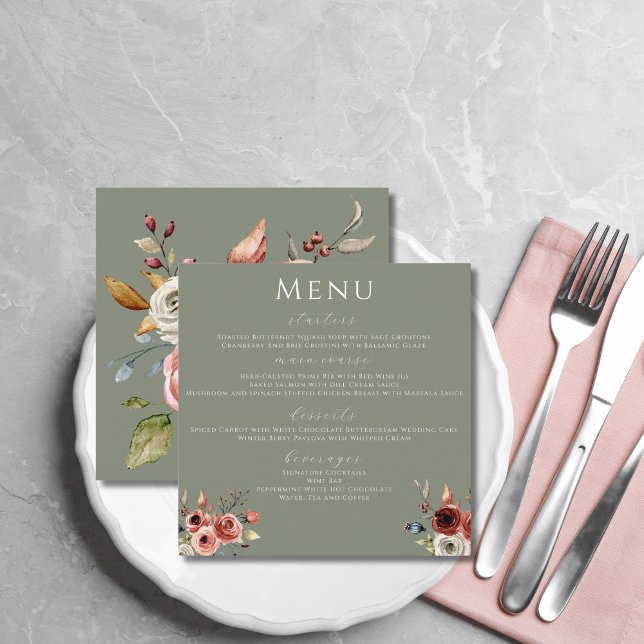 Sage Green Elegant Floral Square Wedding Menu (Creator Uploaded)