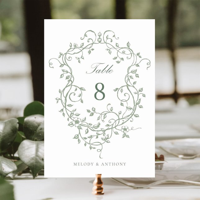 Sage Green Elegant French Victorian Floral Crest  Table Number (Creator Uploaded)