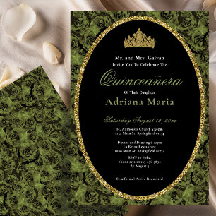 Sage Green Elegant Gold Floral Quinceanera Invitation