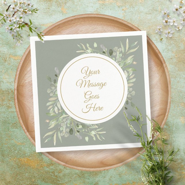 Sage Green Elegant Gold Script Greenery Napkin (Creator Uploaded)