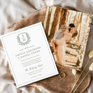 Sage Green Elegant Leafy Crest Monogram Wedding 