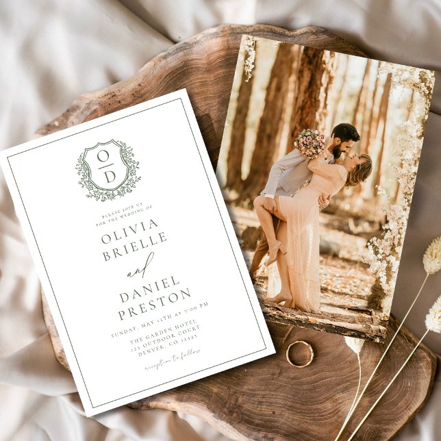 Sage Green Elegant Leafy Crest Monogram Wedding  Invitation (Creator Uploaded)