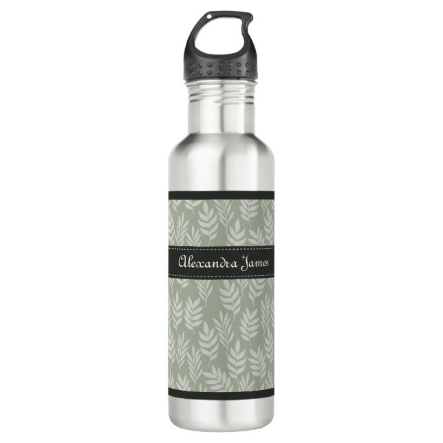 Sage Green Elegant Leaves Pattern With Name 710 Ml Water Bottle (Front)