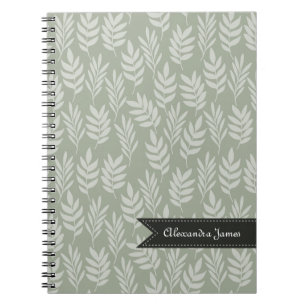 Sage Green Elegant Leaves Pattern With Name Notebook